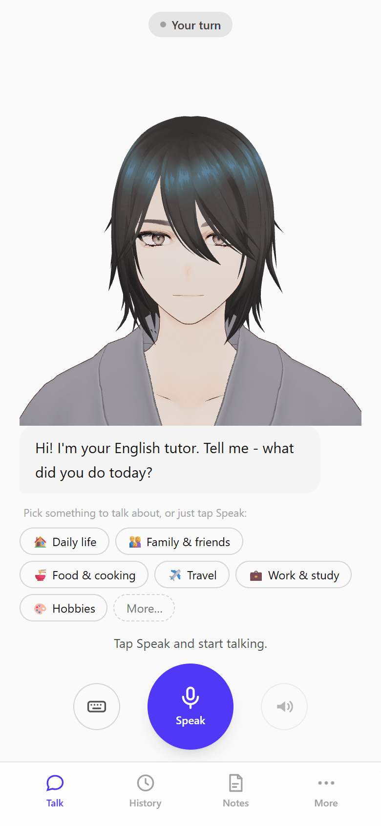 Andrew, a male 3D tutor, greeting the learner with topic suggestions