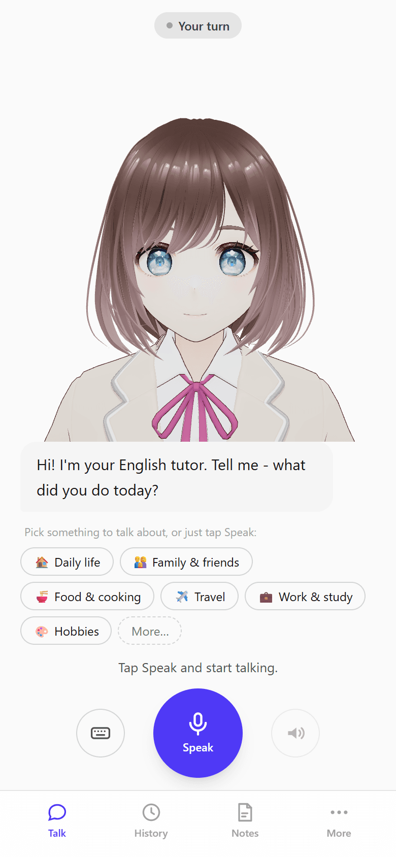 Natasha, an Australian-English 3D tutor, on the conversation screen