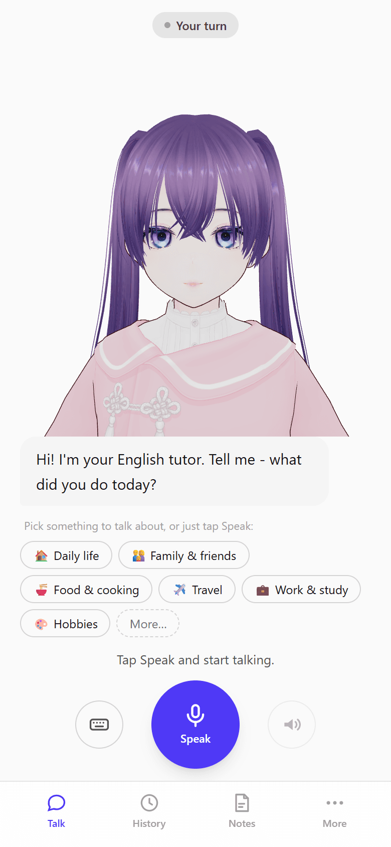 Sonia, a British-English 3D tutor, on the conversation screen