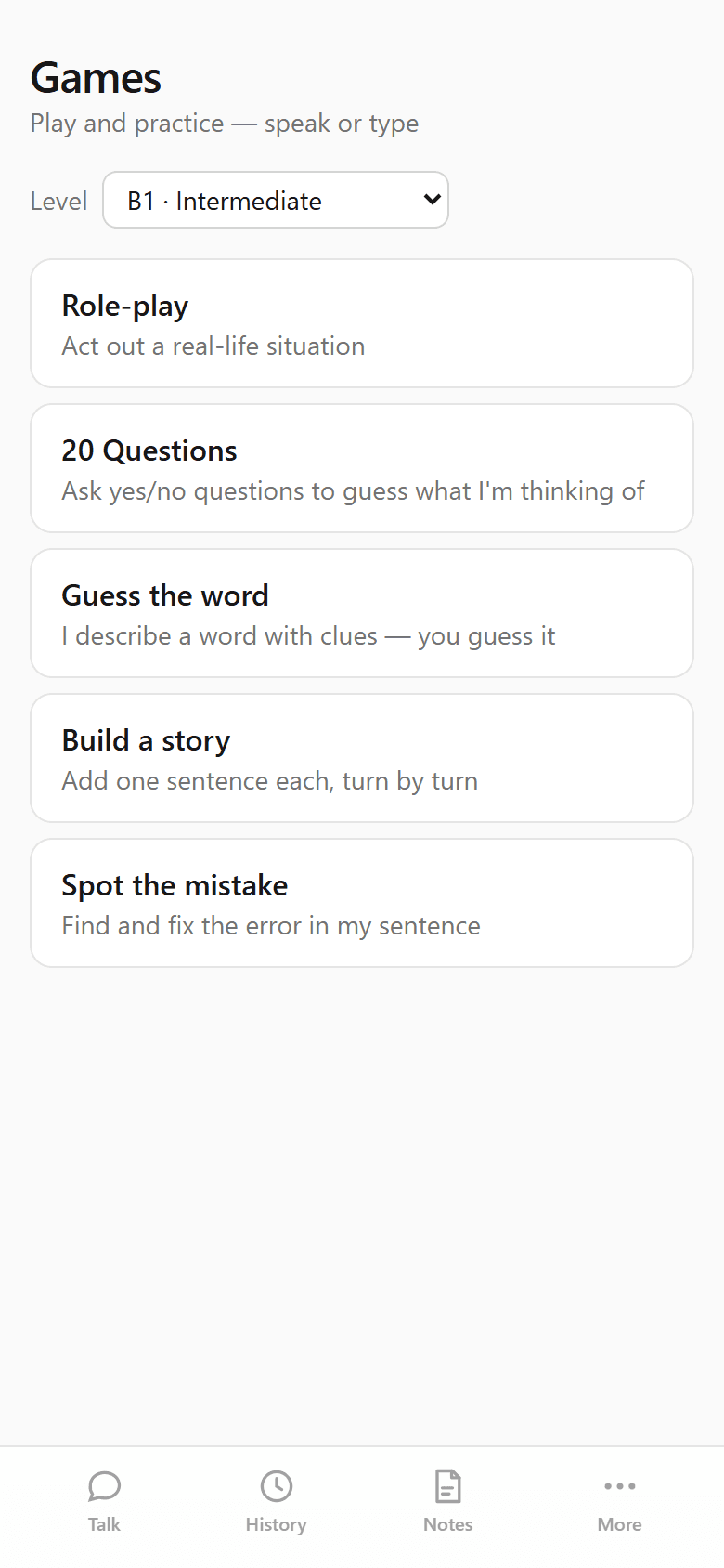 Games menu with five conversational games