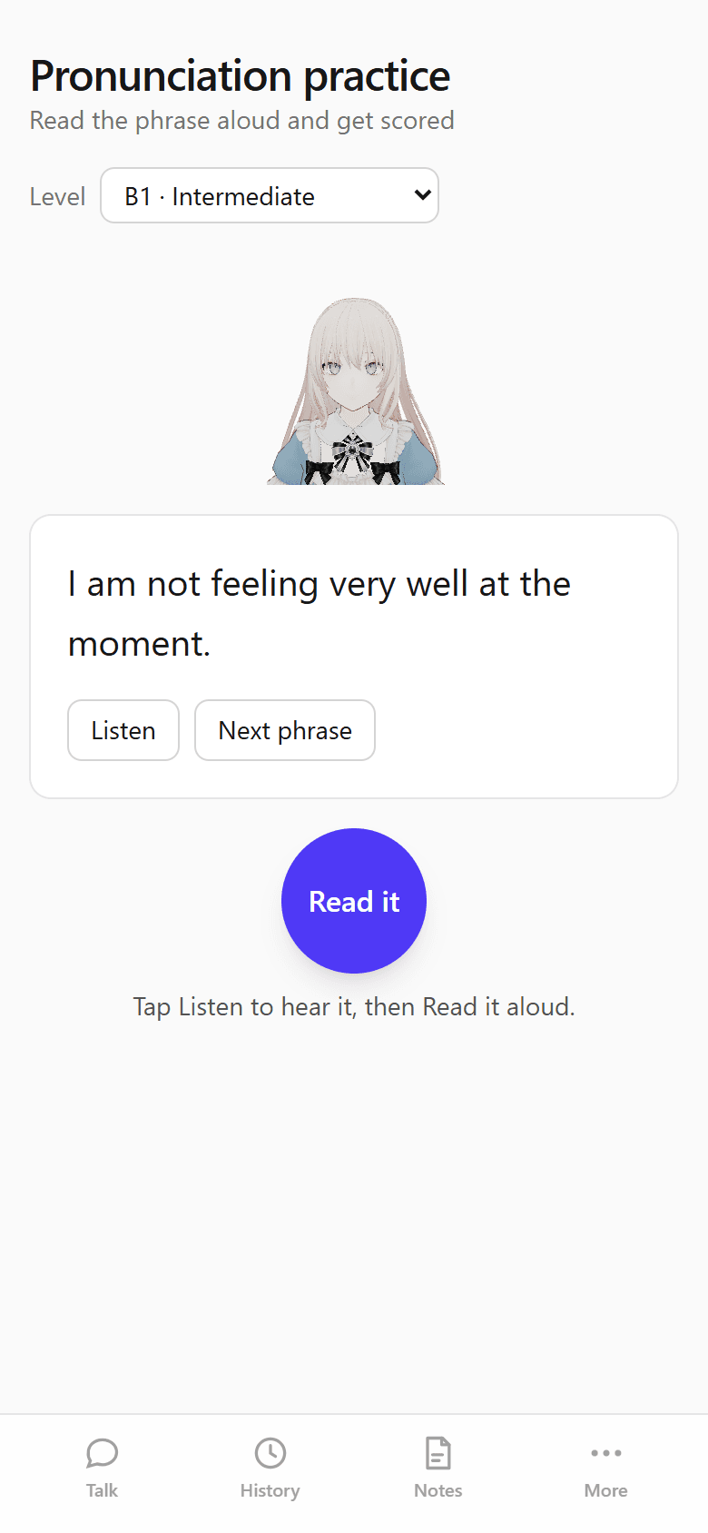 Pronunciation practice screen with a phrase to read aloud