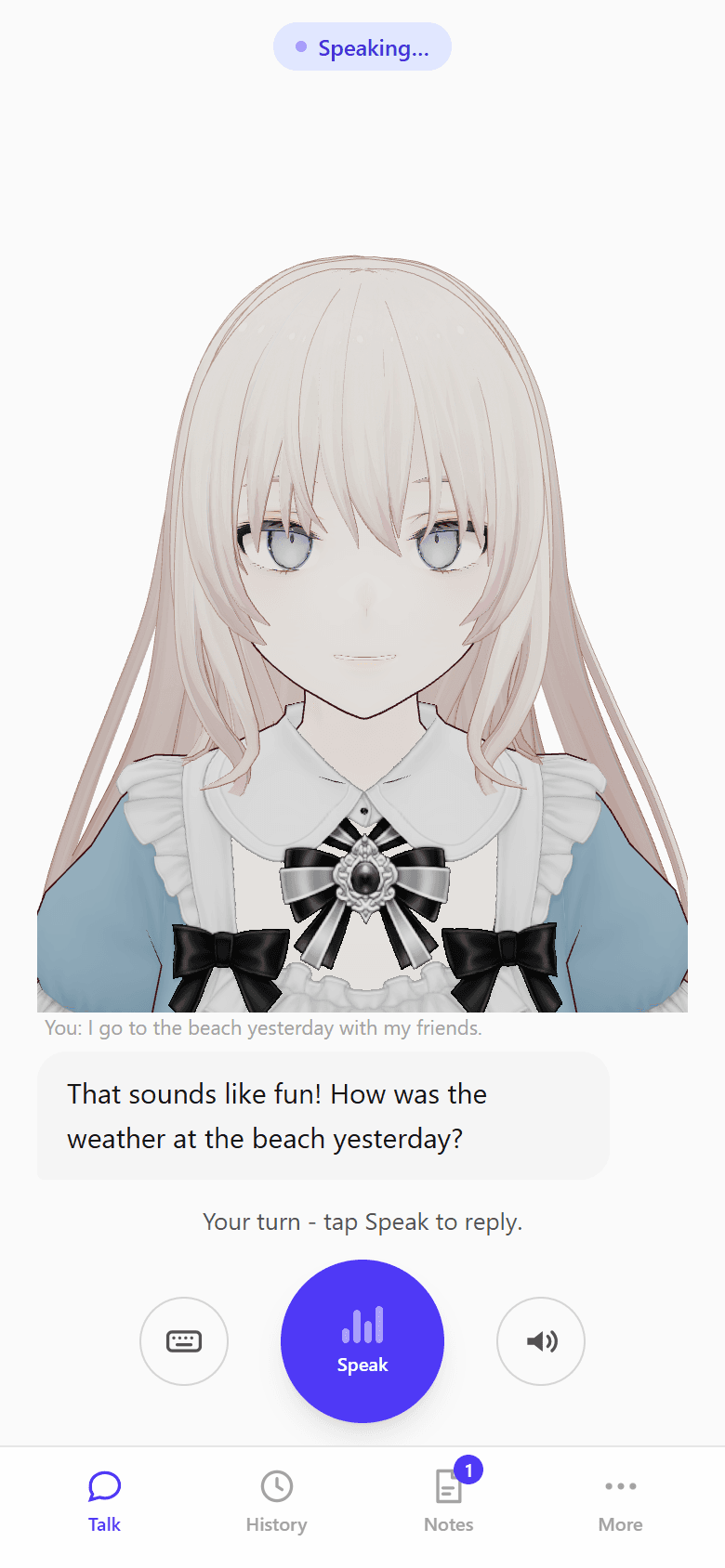Talk-To-Me conversation screen: the 3D tutor replying to a learner